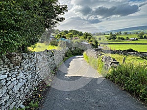 Holl Gate, with dry stone walls, fields and farms in, West Witton, Leyburn, UK