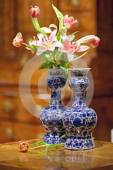 Holland antique delft vases with tulips and lilies