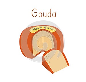 Holland cheese round wheel of Gouda with cut piece of hard Dutch chees. Colored flat vector illustration of delicatessen