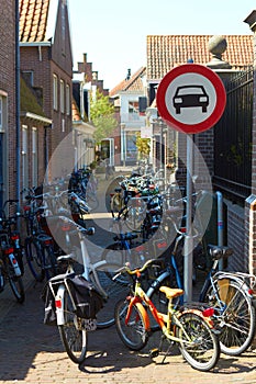 Holland city street no cars road sign: pedal cycles only bikes parking