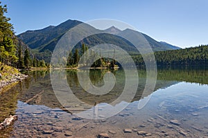 Holland Lake and Falls trail in Flathead National Forest, Montana. USA.