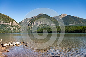 Holland Lake and Falls trail in Flathead National Forest, Montana. USA.