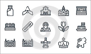 Holland line icons. linear set. quality vector line set such as maps, windmill, ba, crown, rijksmuseum, bloemenmarkt, tulip, royal