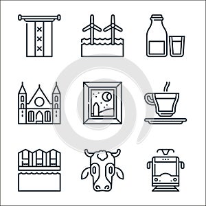 holland line icons. linear set. quality vector line set such as tram, cow, bloemenmarkt, koffie verkeerd, painting, ridderzaal,