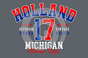 Holland Michigan 17 athletic superior vintage design typography printed t shirt vector illustration