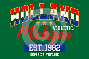 Holland Michigan athletic vintage design typography printed t shirt vector illustration