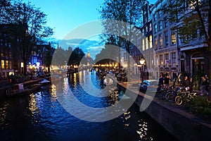 Holland, night view of the canals and streets of Amsterdam
