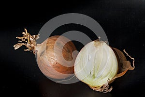 Holland Onions and galic on a black background.