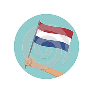Holland waving flag circle icon. Hand holding Dutch flag. National symbol of the Netherlands. Vector illustration