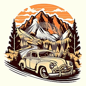 Holliday road trip by vehicle. A car trip to the mountains. Visit a nature park or reserve. cartoon vector illustration, white