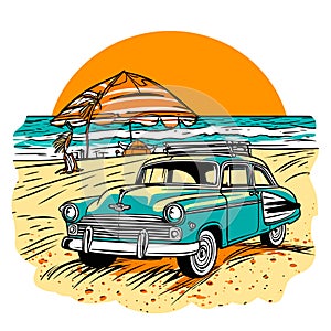 Holliday road trip by vehicle. A parked car on the beach with the setting sun in the background. cartoon vector illustration. photo