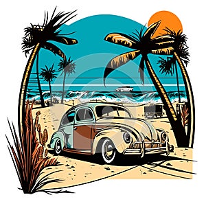 Holliday road trip by vehicle. Silhouettes of palm trees with the setting sun in the background. cartoon vector illustration, photo