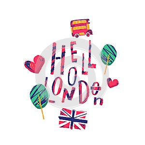 Hollo London poster illustration with bus, taxi, cityscape landscape for t shirt