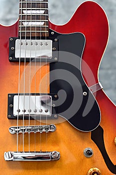 Hollow body electric guitar strings close up of bridge and humbucker pickups jazz blues