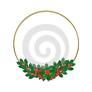 Holly berries wreath and brown round element design on white