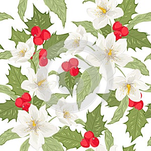 Holly berry mistletoe hellebore seamless pattern