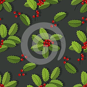 Holly branch, red berries. Vector background. Christmas symbols. Holly berries, leaves.