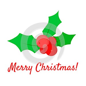 Holly and inscription Merry Christmas. Greeting card. Vector