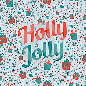 Holly jolly card with seamless pattern.