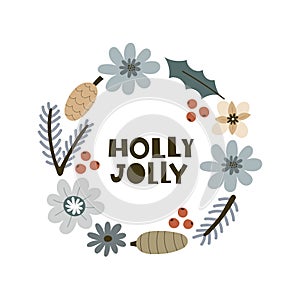 holly jolly. Cartoon christmas frame, hand drawing letterin. holiday theme.