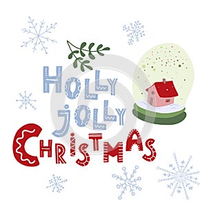 Holly Jolly Christmas. Hand drawn lettering. Snow globe