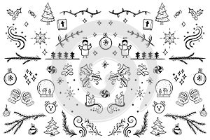 Holly Jolly. Handicraft directed to Christmas festive collection with lettering and decor elements for greeting cards, various