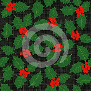 Holly leaves and berries seamless pattern on dark