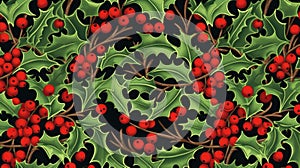 Holly leaves decoration with red berries. Christmas background with winter hollies berry texture. For winter holidays