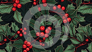 Holly leaves decoration with red berries. Christmas background with winter hollies berry texture. For winter holidays