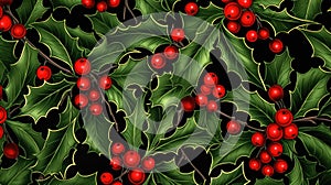 Holly leaves decoration with red berries. Christmas background with winter hollies berry texture. For winter holidays