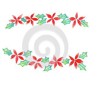 Holly leaves with red flower watercolor wreath .