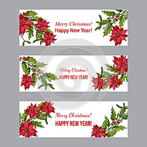 Holly, poinsettia and mistletoe. Christmas and New Year banners