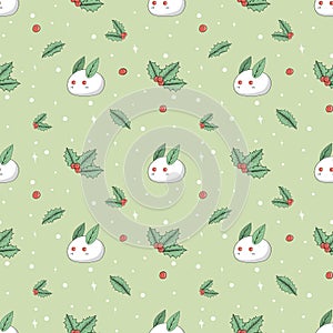 Holly and rabbits made of snow seamless background