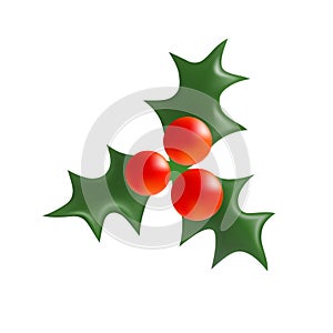 Holly Sprig. 3d icon of holly twig with three green leaves and red berries isolated on white. Xmas symbol. Cartoon Design Element