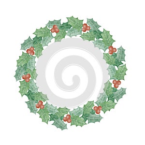 Holly wreath with berries watercolor clipart. Christmas sublimation design.