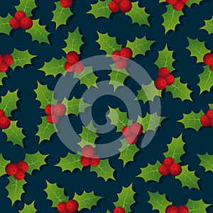 Hollyberry. Christmas seamless pattern. Festive Christmas background.