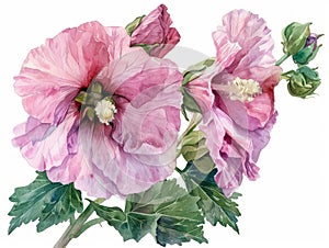 Hollyhock colorful flower watercolor isolated on white background