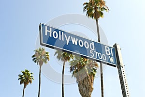 Hollywood Boulevard sign with palm trees