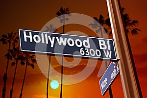 Hollywood Boulevard with Vine sign illustration on palm trees