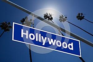 Hollywood California road sign on redlight with pam trees photo