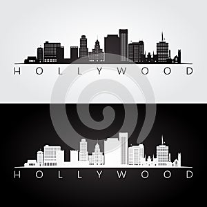 Hollywood, California skyline and landmarks silhouette, black and white design.