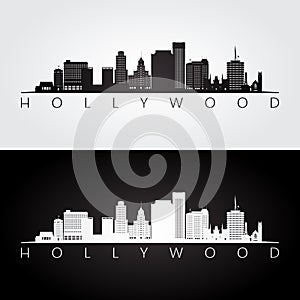 Hollywood, California skyline and landmarks silhouette, black and white design. photo