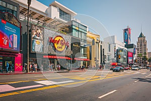 Hollywood Walk of Fame. Hard Rock Cafe, stars, tourists. Architecture, city life