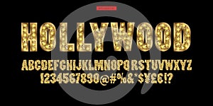 Hollywood. Color Golden alphabet with show lamps.