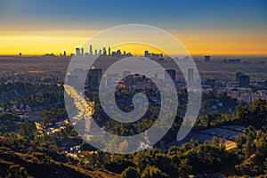 Hollywood downtown at sunrise with Los Angeles skyline