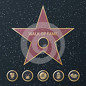 Hollywood fame star. Art and famous actor gold star symbol with five award movie categories icons. Celebrity boulevard photo