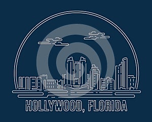 Hollywood, Florida - Cityscape with white abstract line corner curve modern style on dark blue background, building skyline city