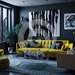 Hollywood Glam Style Interior Design, Modern Cozy Sofa with Pillows and Coffee Table, Apartament Living Room, Generative AI