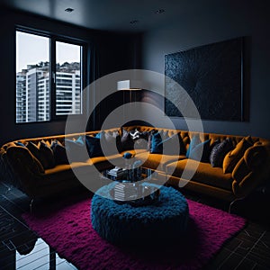 Hollywood Glam Style Interior Design, Modern Cozy Sofa with Pillows and Coffee Table, Apartament Living Room, Generative AI