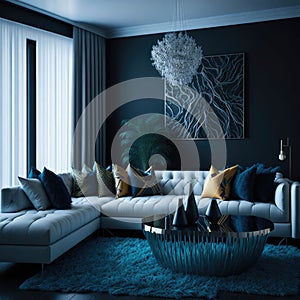 Hollywood Glam Style Interior Design, Modern Cozy Sofa with Pillows and Coffee Table, Apartament Living Room, Generative AI